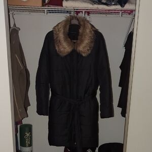 Ann Taylor Black Puffer Coat with Faux Fur Collar XL